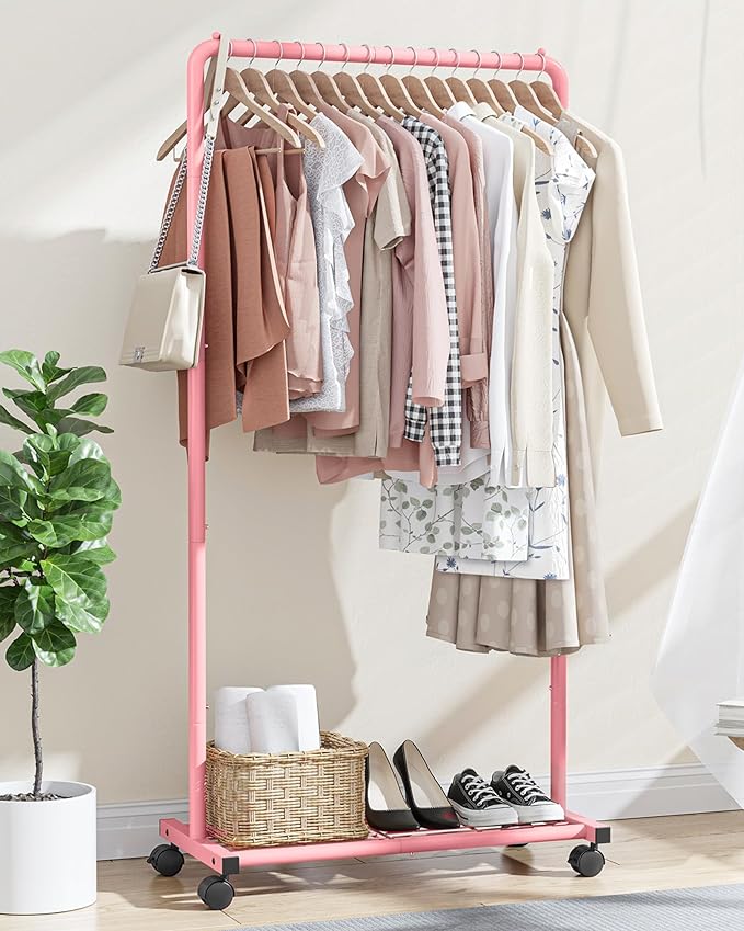 Sakugi Clothes Rack - Clothing Rack with Storage Mesh Shelf & Casters, Heavy-Duty Metal Clothing Rack for Hanging Clothes, Dr