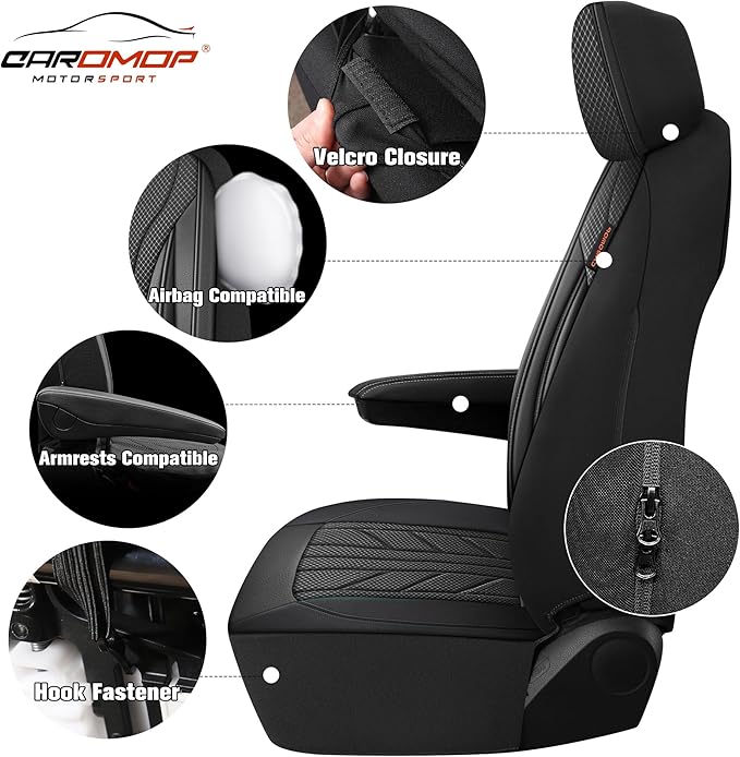 CAROMOP Luxury Faux Leather&Fabric Car Seat Covers 2 Front Seats with Breathable 3D Foam Back Support, Universal Seat Covers 