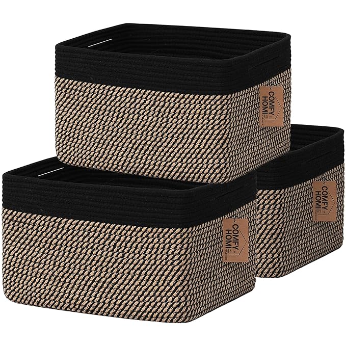 COMFY-HOMI 3PACK Cotton Rope Square Basket with Handles for Shelves|Dog Toy Bin and Storage|Baby Gift|Shoe Organizer|New 13.5