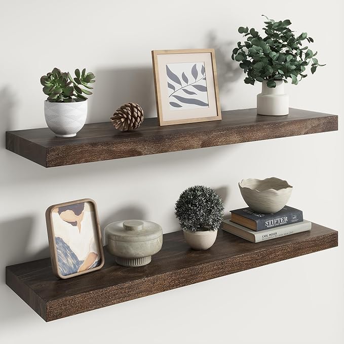 RICHFOCUS Elm Floating Shelves for Wall - 36" W x 9.3" D Rustic Solid Wood Shelves with Invisible Bracket, Wall-Mounted for L