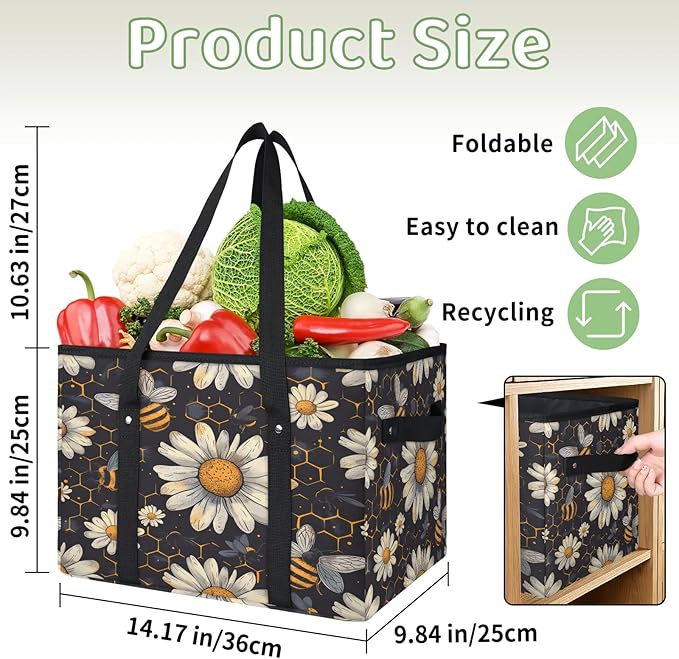 Reusable Grocery Bags Heavy Duty Shopping Bags Foldable Large Tote Bags with Long Handles & Hard Bottom