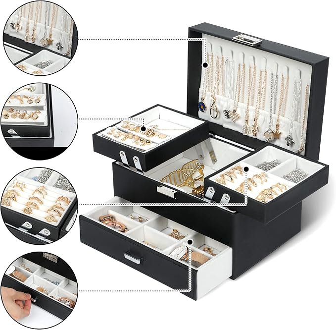 Dajasan Jewelry Organizer Box, Large Jewelry Boxes for Women Girls, Space-Saving 3 Layers Jewelry Storage Case with Drawer, M