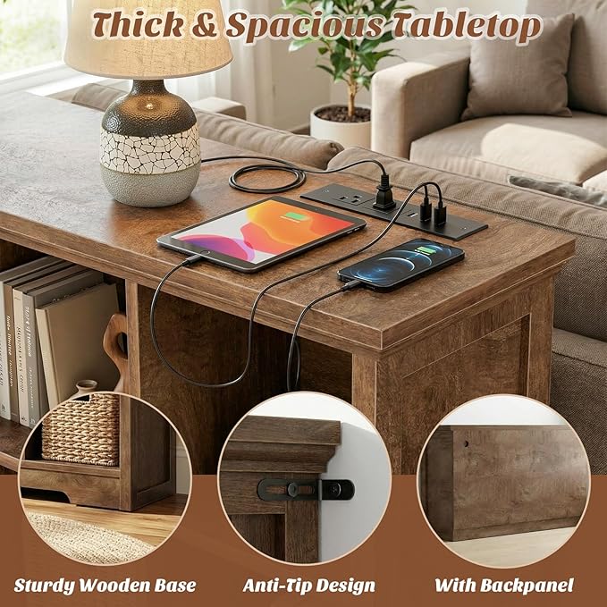 Aheaplus Wooden 8-Cube Storage Organizer with Charging Ports, Modern Cube Bookcase with Base, 3-Tier Floor Standing Open Cubb