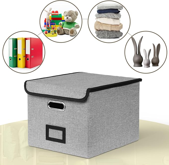 2Pack File Storage Organizer with 10 Hanging Folders & Plastic Slide, Collapsible Linen File Box with Lid for Office, Home, M