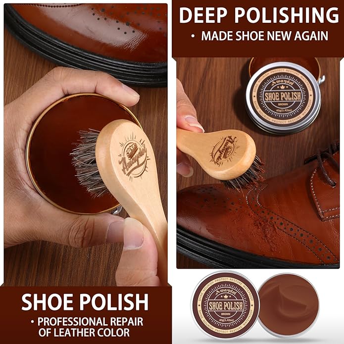10 PCS Shoe Polish Kit - Horsehair Brushes, Black Brown Neutral Polish,Mink Oil Conditioner for Shoes,Polishing Cloth, Leathe