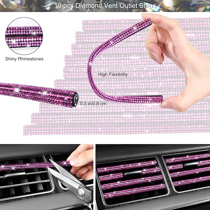 CAR PASS 30 PCS Bling Pink Car Set for Women, Bling Steering Wheel Covers Set 15 Inch, Shining Rhinestone License Plate Frame, Sparkly Diamond Phone Holder, Cute Interior Set Decorations, Pink Diamond