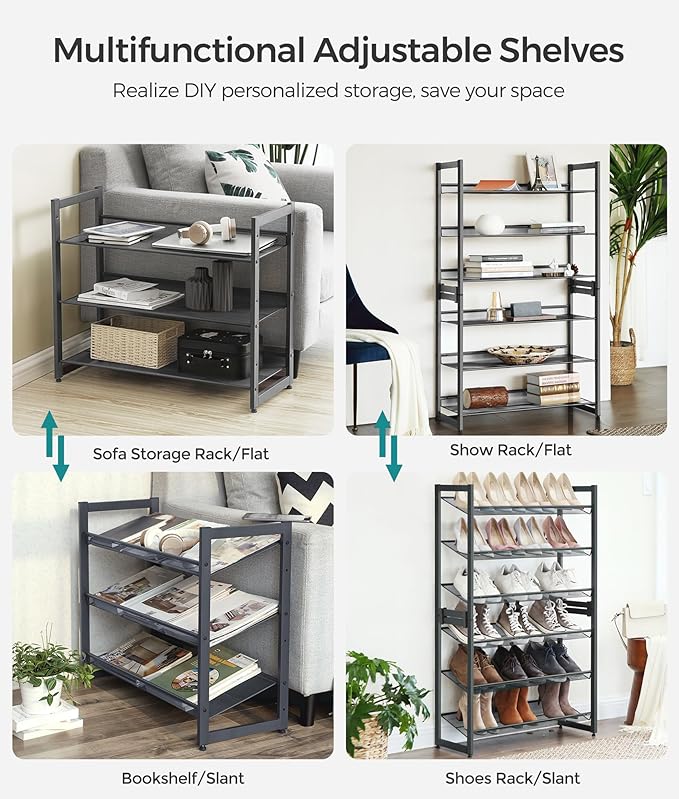 SONGMICS Shoe Rack, 6-Tier Shoe Organizer, Metal Rack for Garage, Set of 2, 3-Tier Stackable Shelf, with Adjustable Flat or A