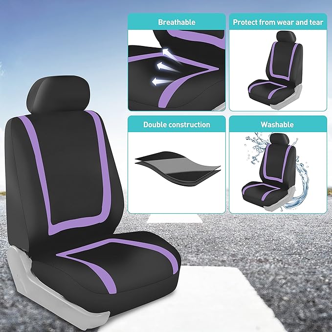 FH Group Unique Flat Cloth Full Set Car Seat Covers w. Silicone Steering Wheel Cover- Universal Fit for Most Cars, Trucks, SUVs or Vans (Purple/Black)