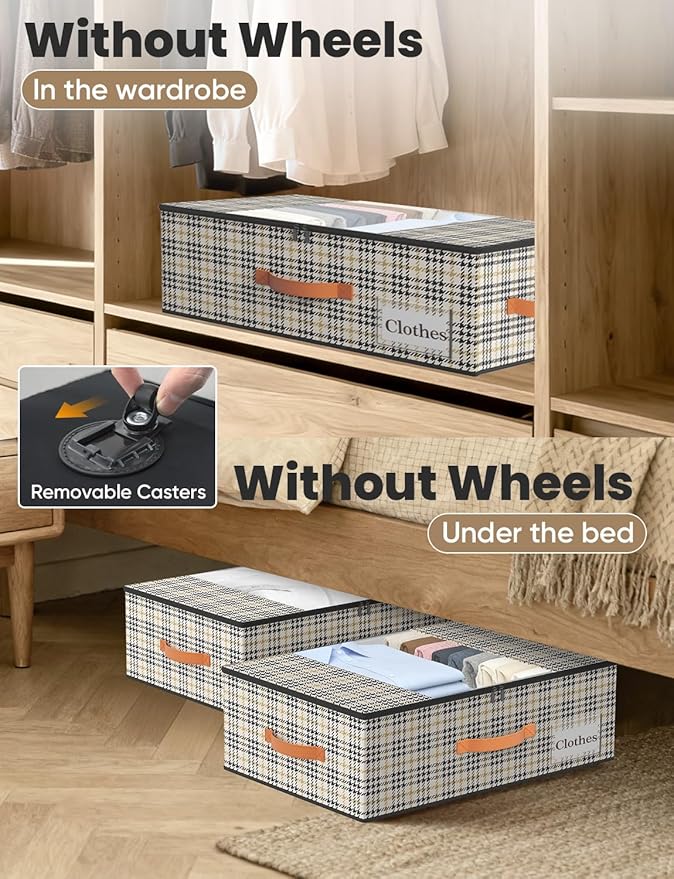 2-Pack Under Bed Storage Bins with Wheels and 4 Vacuum Seal Bags, Heavy Duty 80lbs Capacity,7.9" Height Clear Lid Organizer f