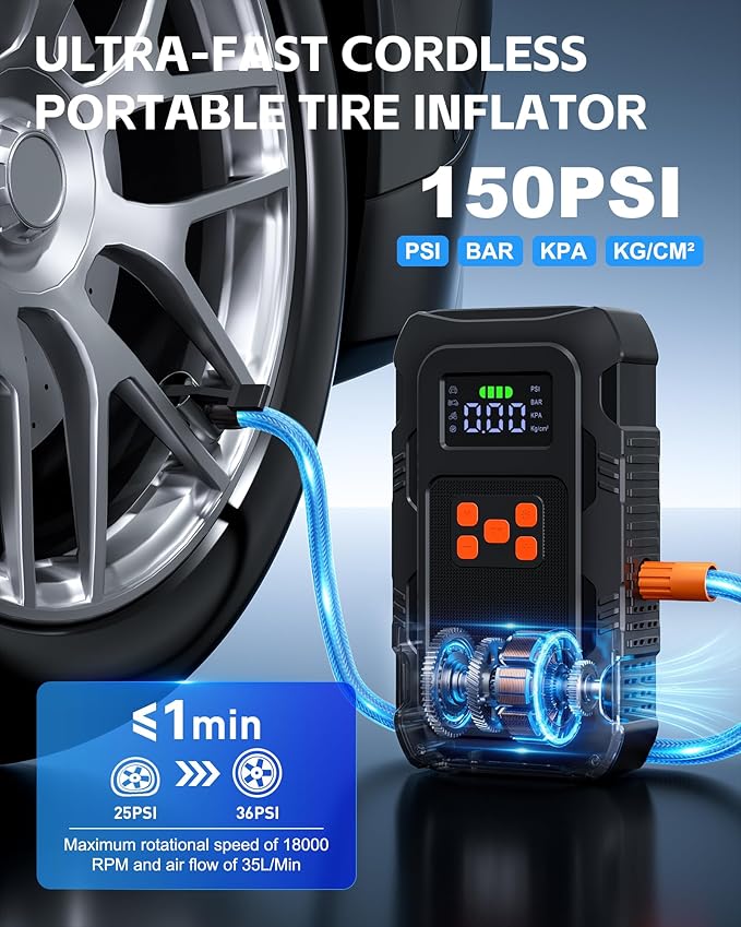 5000A Jump Starter with Air Compressor, Portable Car Battery Jump Starter with 150 PSI Tire Inflator for Up to 10.0L Gas and