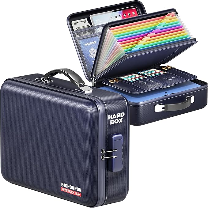 Fireproof Document Box, Hard Case Highly Flame-Resistant Fire Proof Waterproof File Organizer with Lock, Portable Fire Safe f