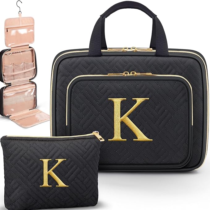 Gifts for Women, Initial Toiletry Makeup Bag Hanging Cosmetic Organizer with Embroidery Letter Personalized Nurse Teacher App