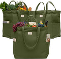 Nook Theory 3-Pack Reusable Grocery Bags - Heavy Duty, Large 12 Oz Cotton Canvas Reusable Shopping Bags With Pockets, 100% Cotton Cloth Grocery Totes, Foldable Multi Compartment (Army Green)