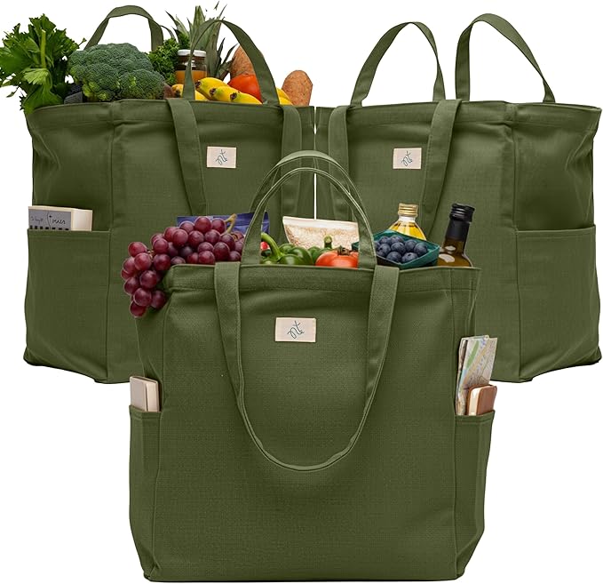 Nook Theory 3-Pack Reusable Grocery Bags - Heavy Duty, Large 12 Oz Cotton Canvas Reusable Shopping Bags With Pockets, 100% Cotton Cloth Grocery Totes, Foldable Multi Compartment (Army Green)