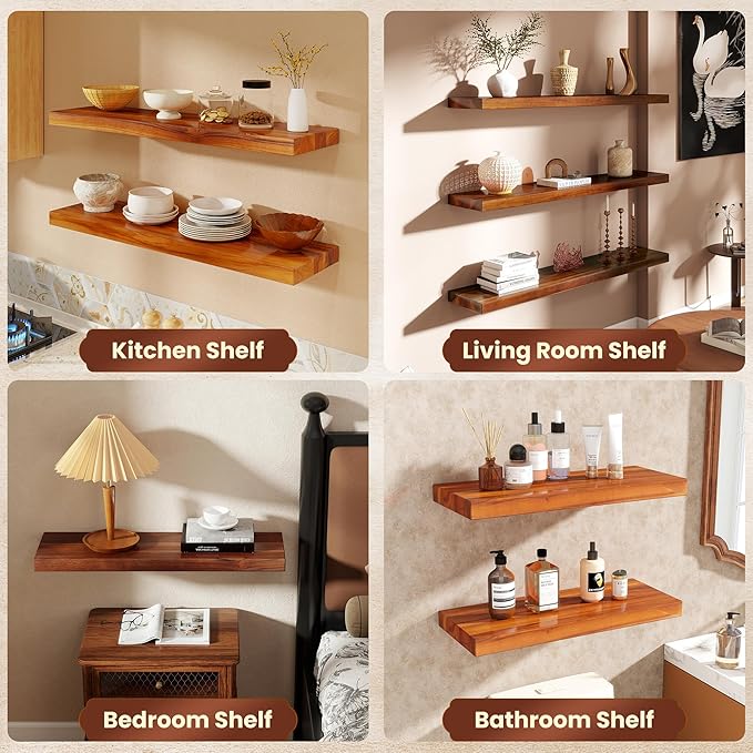 Teak Floating Shelves Set of 2-36 Inch Natural Waterproof Wood Wall Shelves with Invisible Brackets for Bathroom, Kitchen, Ba