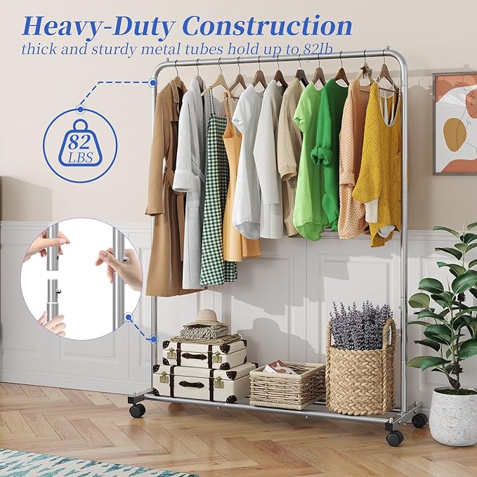 Simple Trending Standard Clothes Clothing Garment Rack with Storage Shelves, Rolling Clothes Organizer on Wheels for Hanging 