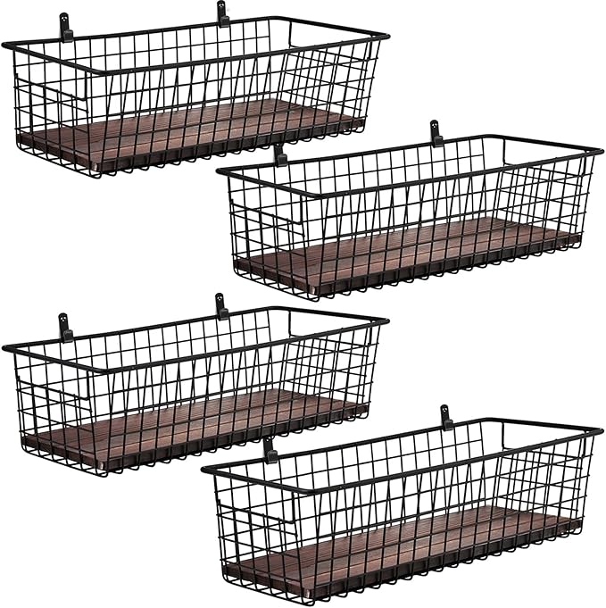 4 Set [Extra Large] Portable Metal Farmhouse Wall Decor Storage Organizer Basket Bin with Handles and Floating Shelves for Ha