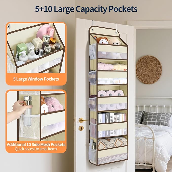 Yecaye Over The Door Organizer Storage, 5-Tier Heavy Duty Door Organizers Hanging with 10 Side Mesh Pockets, 44 lbs Load Capa
