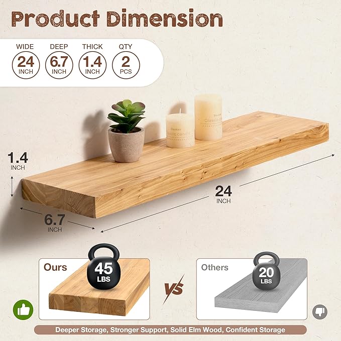 fuqing Floating Shelves for Wall, 24 inch Rustic Solid Elm Wood Floating Shelves, Wooden Wall Shelves with Invisible Heavy Du