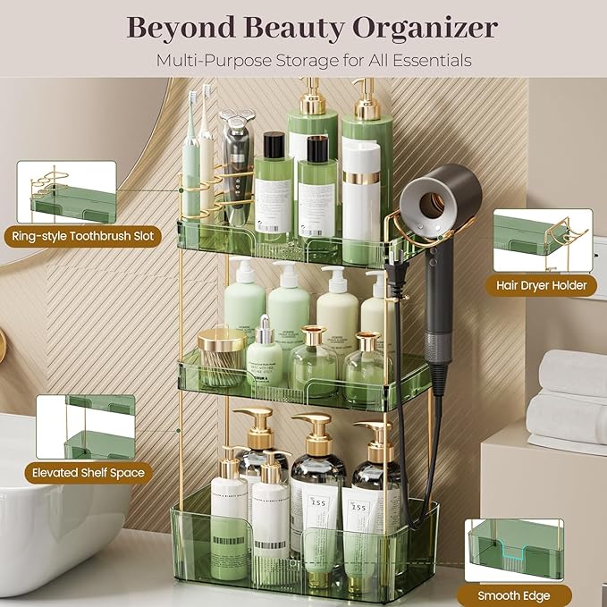 Aveniee Bathroom Counter Organizer,3 Tier Skincare Perfume Countertop Storage with Hair Dryer Rack and Toothbrush Holder, Cos