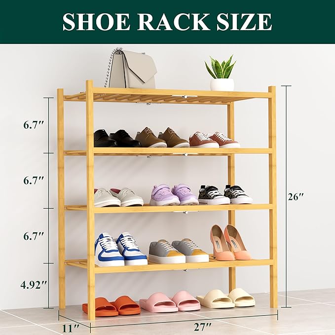 Smiry Shoe Rack, 4 Tier Thick Bamboo Shoe Organizer, Stackable Free Standing Wooden Shoe Storage Shelf for Closet, Entryway, 