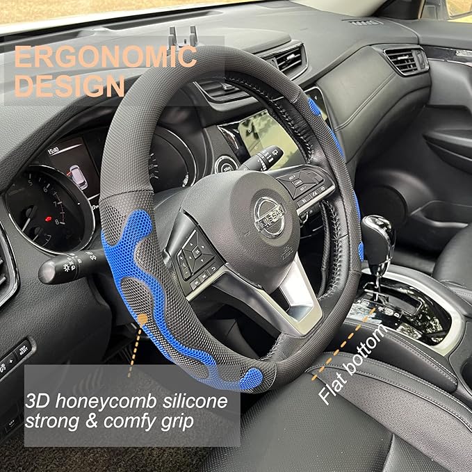 PINCTROT D Shaped Comfy Grip Steering Wheel Cover, Anti-Slip Design, Flat Bottom 14.5-15 Inch(Silicone Blue)