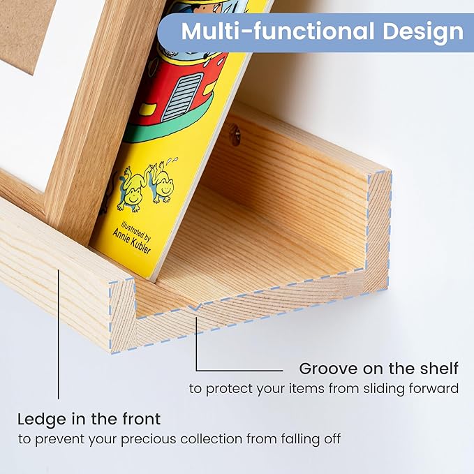 Picture Ledge Shelf, Floating Shelves Set of 2, Solid Ash Wood 56'' Long Large Nursery Book Shelves for Toys Storage, Kids Bo