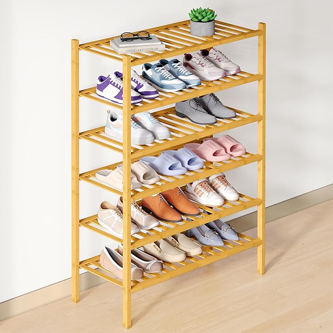 Smiry Bamboo Shoe Rack for Closet, 6 Tier Wooden Stackable Shoe Organizer, Free Standing Shoes Storage Shelf for Entryway, Fr