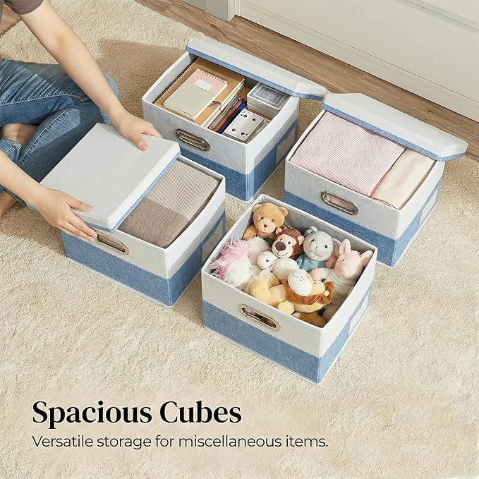 PRANDOM Storage Bins with Lids [3-Pack] Linen Fabric Foldable Storage Boxes Organizer Containers Baskets Cube with Cover for 