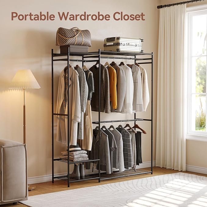 Portable Wardrobe Closet, Clothes Rack for Bedroom with Hanging Area and Storage Shelves, Tall Freestanding Clothes Organizer