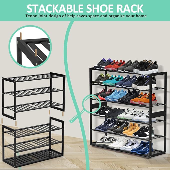 Jripae Bamboo Shoe Rack for Closet, Stackable 3 Tier Longer Shoe Organizer Shelf Holder Storage 12-15 Pairs for Entryway Door
