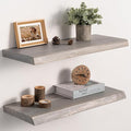 Live Edge Floating Shelves Set of 2, 24 Inch Solid Elm Wood Wall Shelves - Invisible Bracket Mount for Living Room, Bedroom, 