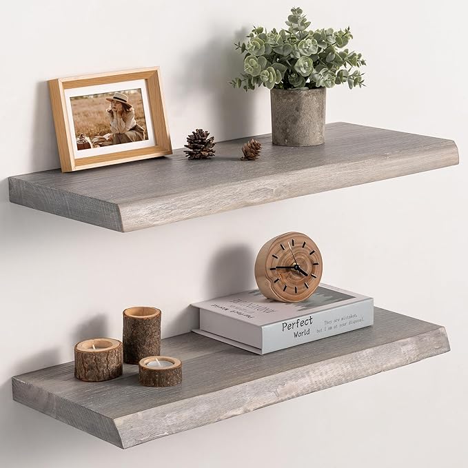 Live Edge Floating Shelves Set of 2, 24 Inch Solid Elm Wood Wall Shelves - Invisible Bracket Mount for Living Room, Bedroom, 
