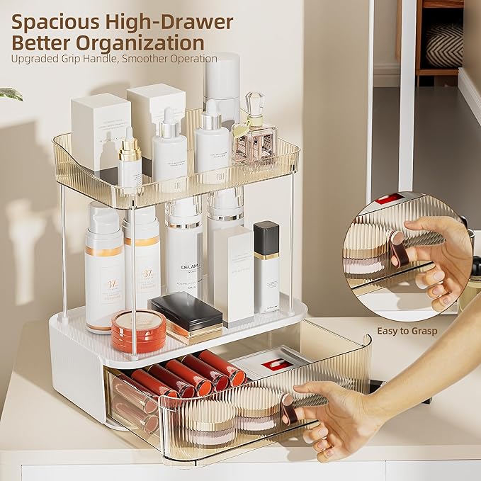 Delamu 3-Tier Bathroom Counter Organizer with Drawer, Multi-Purpose Makeup Organizer Countertop for Vanity, Large Cosmetic Di
