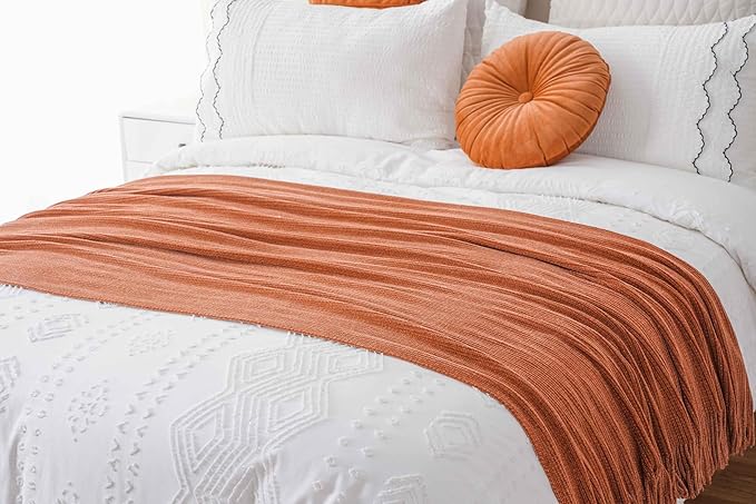 BATTILO HOME Rust Orange Throw Blanket for Couch, Soft Chenille Knit Throws with Tassels for Home Decor, Spring Caramel Throw