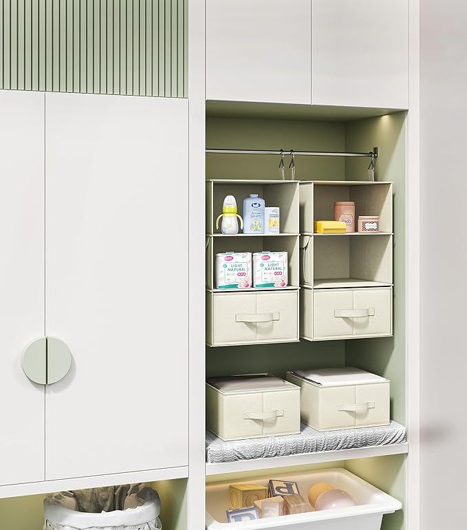 Vailando 3-Shelf Hanging Closet Organizer, Set of 2 Hanging Shelves with 2 Drawers for Wardrobe, Nursery, Baby Clothes Storag