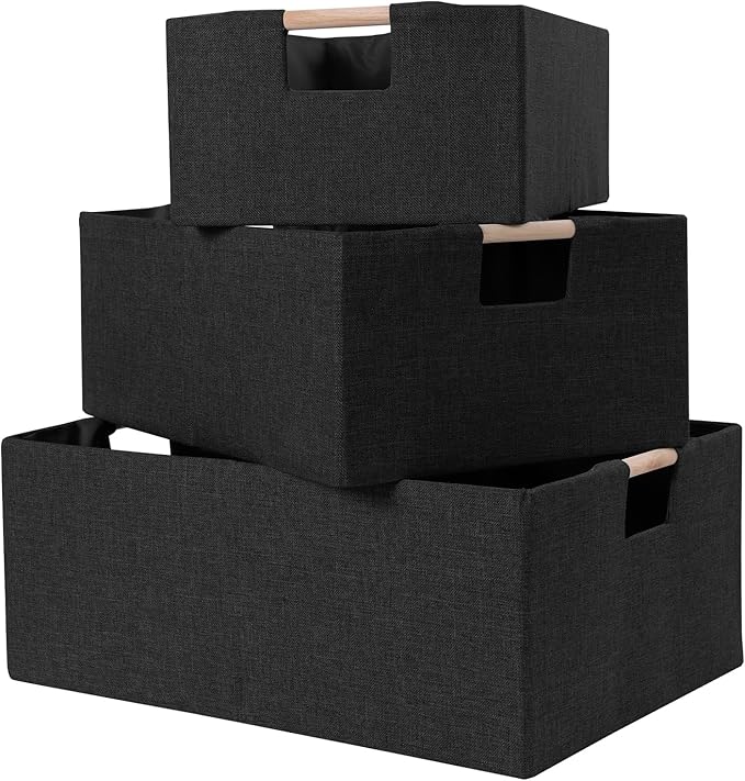 ANMINY 2PCS Storage Baskets for Organizing Collapsible Fabric Storage Bins Boxes with Wood Handles Closet Shelves Cube Organi