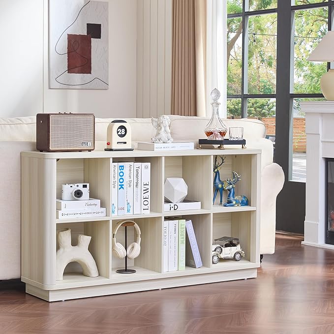 Joaxswe 8 Cube Storage Bookcase, 52" Long Horizontal Book Shelf w/Curved Edge, Wood Low 2-Tier Cubby Console Bookshelf with B