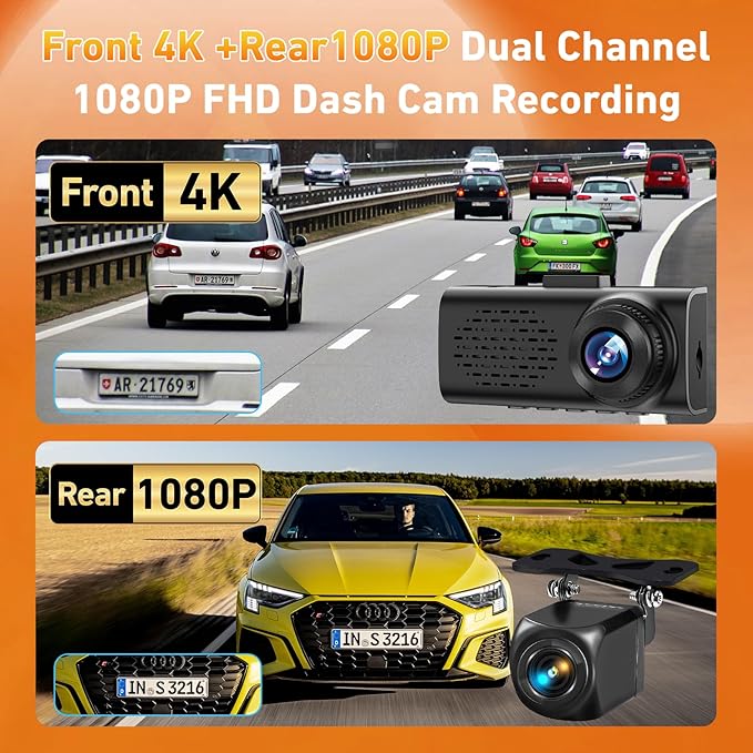 4K Dash Cam Front and Rear, 4K+1080P Dashcam, Dash Camera for Cars with 5GHz WiFi & App Control, GPS, 64GB Card, 24H Parking 