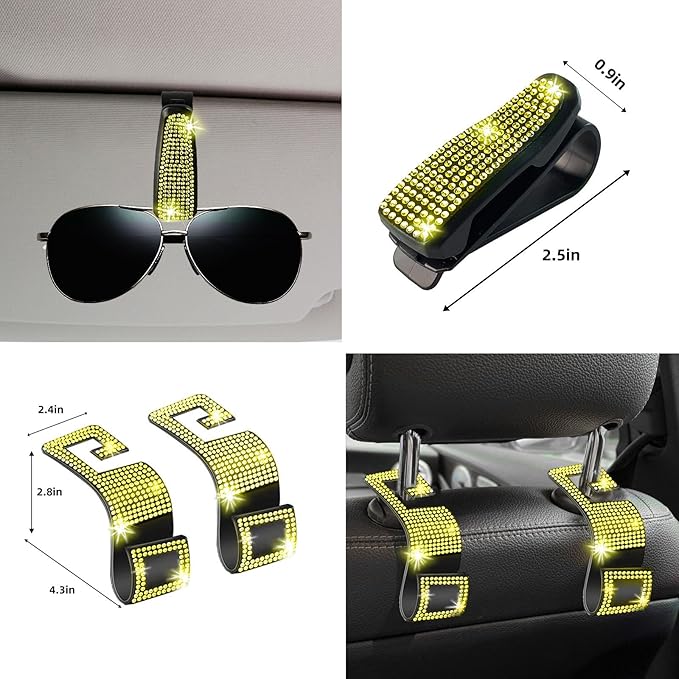 NBTEPEM 30 Pcs Yellow Bling Car Accessories Set for Women, Steering Wheel Cover Set, Bling Console Cover, Seat Belt Cushion, Shift Knob Cushion, Cup Holder Coaster, Rhinestone Car Hanging Accessories