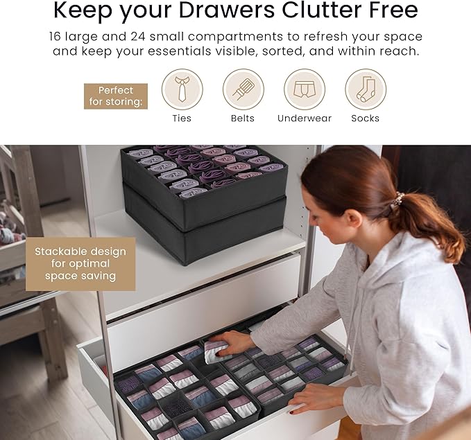 Reli. Sock Organizer (4 Pack) | 16+24 Cell Underwear Organizer | Drawer Dividers for Underwear, Socks, Ties, Belt | Foldable 