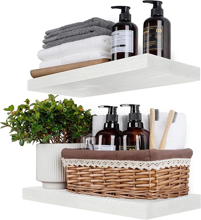 BGMG Wood Floating Shelves 16 inch Set of 2, Rustic Wooden Wall Mount Shelves for Bathroom Living Room Bedroom Kitchen Farmho