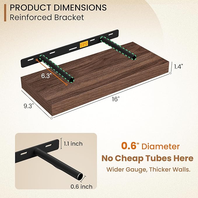 Fun Memories 16 Inch Floating Shelves for Wall, 9.3Inch Deep Floating Shelf, Extra Deeper & Thicker Wall Mounted Storage Shel