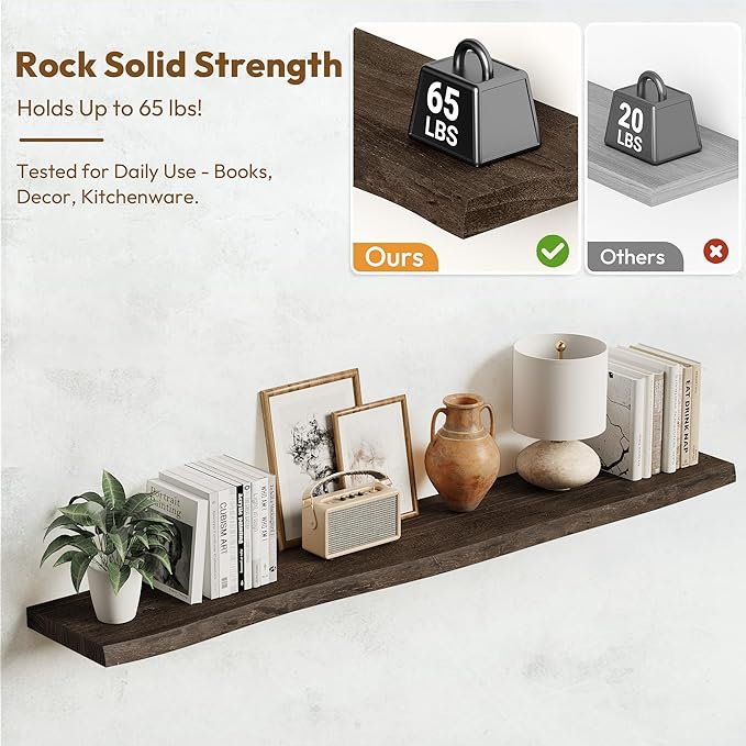 Vivelove Live Edge Floating Shelves 55 Inch Elm Wood, Rustic Farmhouse Wall Shelf with Invisible Bracket for Living Room Bedr