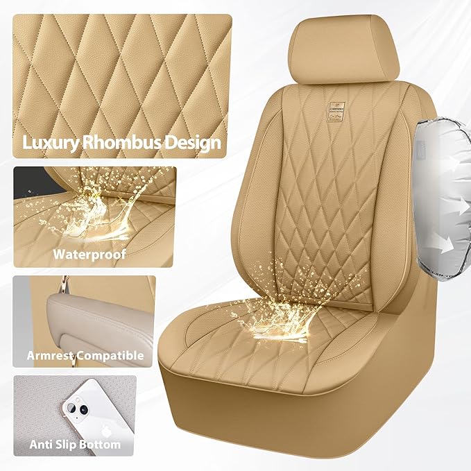 CAR PASS Piping Luxury PU Leather Two Front Car Seat Covers, Waterproof Anti Slip Seat Covers Compatible with Front Seat Armr