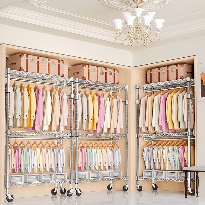 M MZG Heavy Duty Rolling Garment Rack 3 Tiers Adjustable Wire Shelving Clothes Rack with 2 Rods and Side Hooks, Storage Close