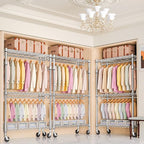 M MZG Heavy Duty Rolling Garment Rack 3 Tiers Adjustable Wire Shelving Clothes Rack with 2 Rods and Side Hooks, Storage Close