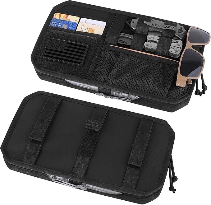 Car Sun Visor Organizer, Tactical Sunvisor Organizers Storage Covers for Trucks, Molle Panel with Pockets Zipper Visor Storage Pouch Accessories, Fits Most Vehicles, SUVs & Jeeps (BK)