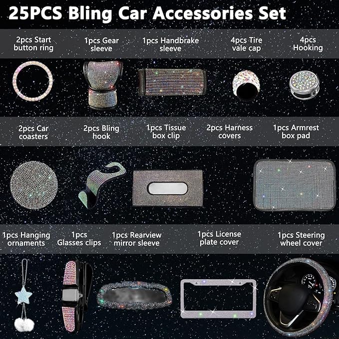 25PCS Bling Car Car Accessories Set,15 Inch Steering Wheel Cover,Shiny License Plate Frame,Center Console Cover and Rearview Mirror Set and Other Car Accessories(Multicolor)