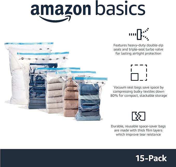 Amazon Basics Vacuum Storage Bags for Clothes, Compression Space Saving Storage Bags with Hand Pump, Reusable, Heavy-Duty Sea